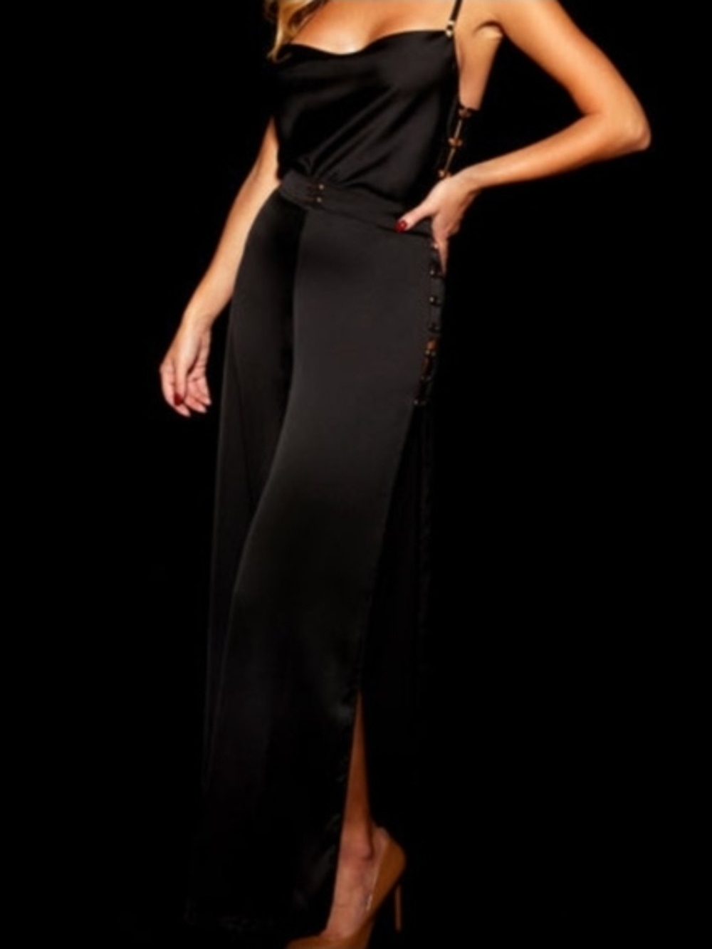 HONEY BIRDETTE Black Satin MELISSA Loungewear Pant/Chemise Set- Sz S